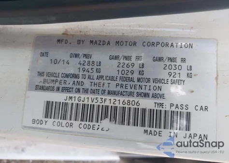 2015 Mazda Mazda6 I Touring from USA, damaged, VIN JM1GJ1V53F1216806